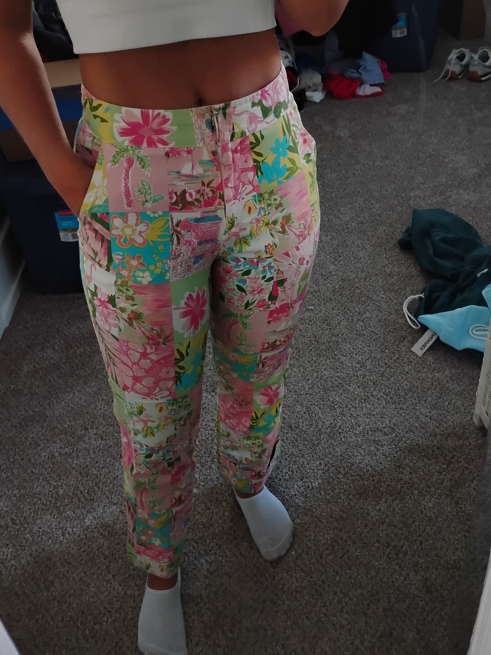 High-Waist Floral Tropical Patchwork Cropped Pants - Pink, Green, Yellow, Blue